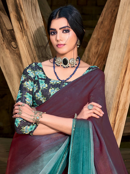 Women's Chiffon Burgundy Embellished Celebrity Saree With Blouse Piece