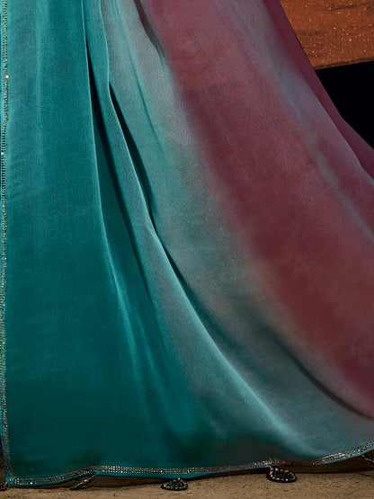 Women's Chiffon Burgundy Embellished Celebrity Saree With Blouse Piece