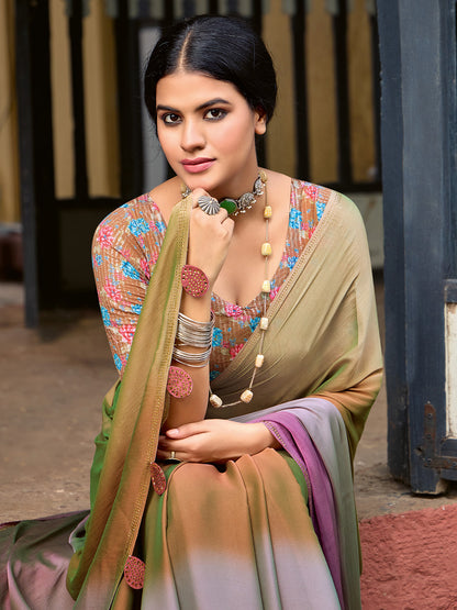 Women's Chiffon Bronze Embellished Celebrity Saree With Blouse Piece