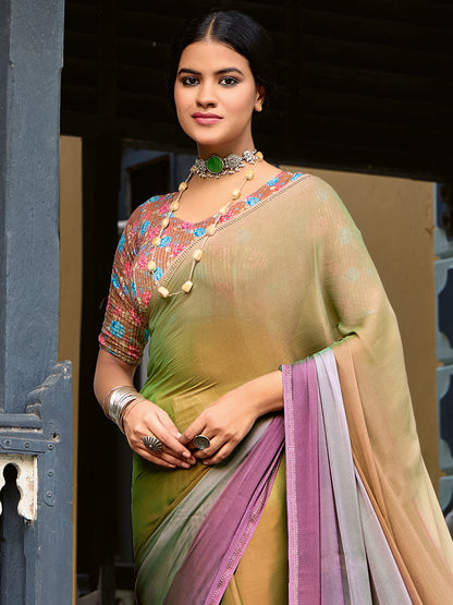Women's Chiffon Bronze Embellished Celebrity Saree With Blouse Piece