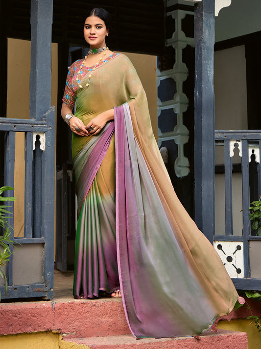 Women's Chiffon Bronze Embellished Celebrity Saree With Blouse Piece