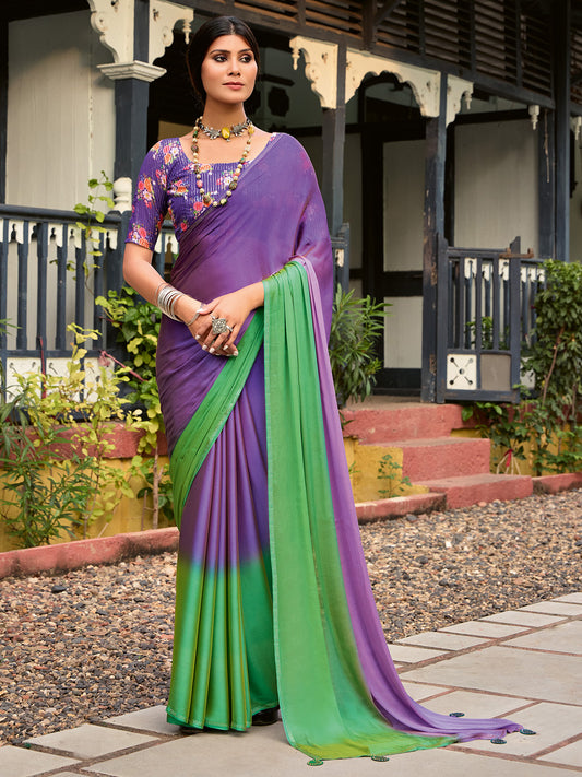 Women's Chiffon Purple Embellished Celebrity Saree With Blouse Piece