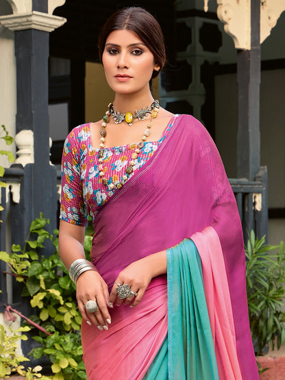 Women's Chiffon Pink Embellished Celebrity Saree With Blouse Piece