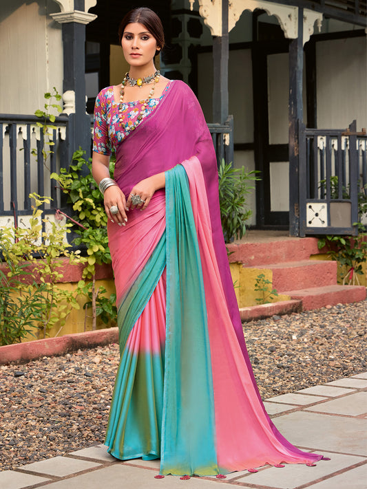 Women's Chiffon Pink Embellished Celebrity Saree With Blouse Piece
