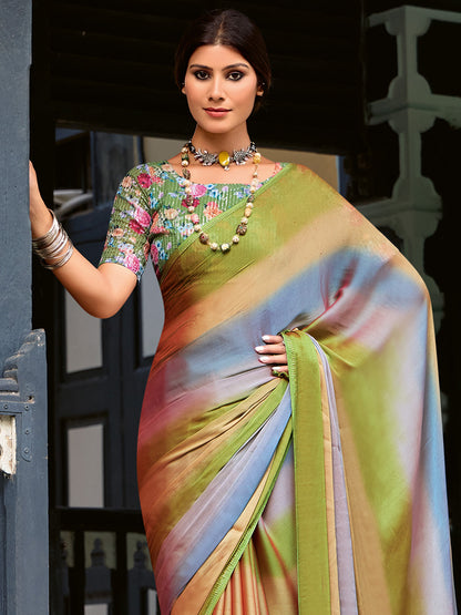 Women's Chiffon Green Embellished Celebrity Saree With Blouse Piece