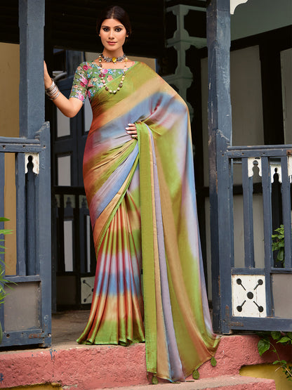 Women's Chiffon Green Embellished Celebrity Saree With Blouse Piece