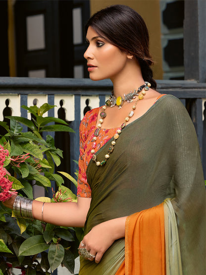 Women's Chiffon Sea Green Embellished Celebrity Saree With Blouse Piece