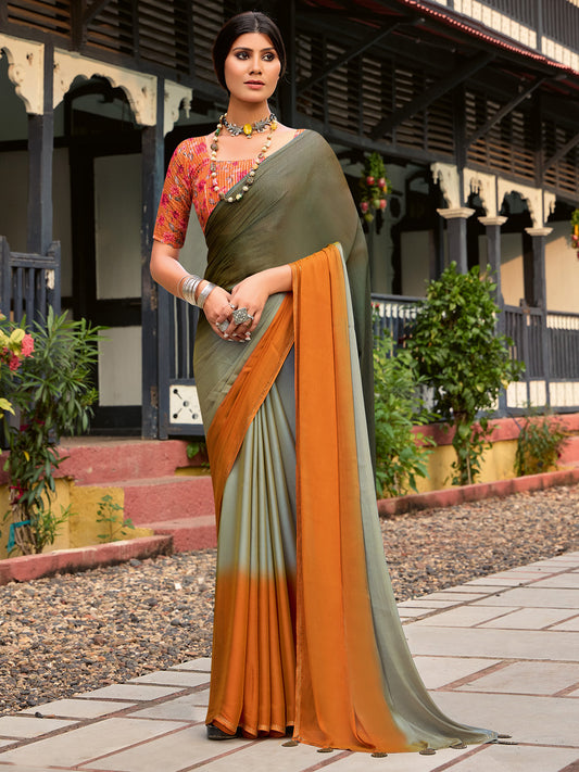 Women's Chiffon Sea Green Embellished Celebrity Saree With Blouse Piece