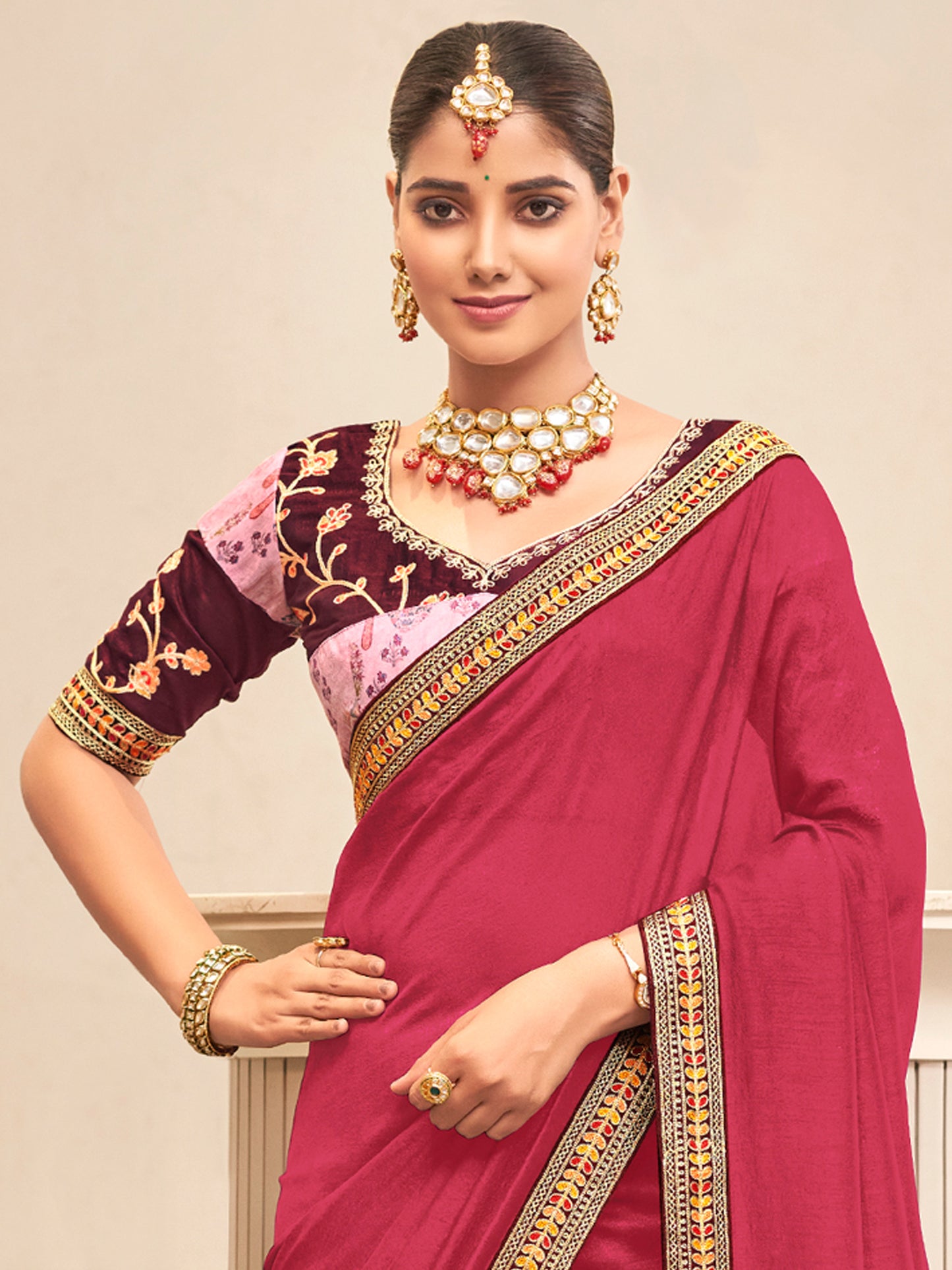 Women's Vichitra Silk Pink Embellished Designer Saree With Blouse Piece