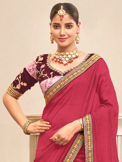Women's Vichitra Silk Pink Embellished Designer Saree With Blouse Piece