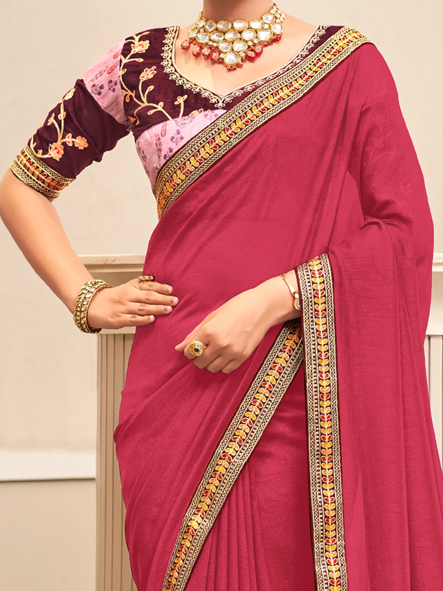 Women's Vichitra Silk Pink Embellished Designer Saree With Blouse Piece