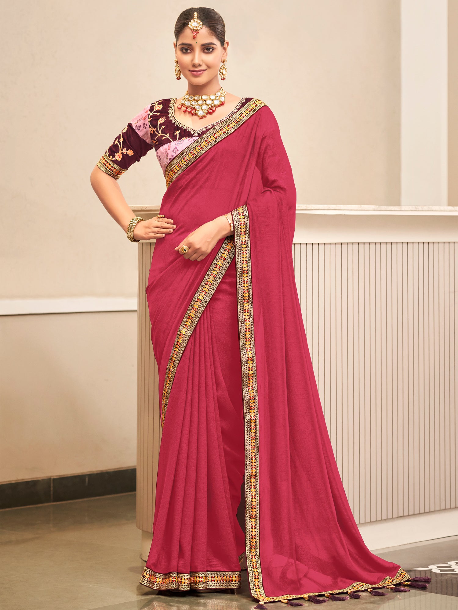 Women's Vichitra Silk Pink Embellished Designer Saree With Blouse Piece
