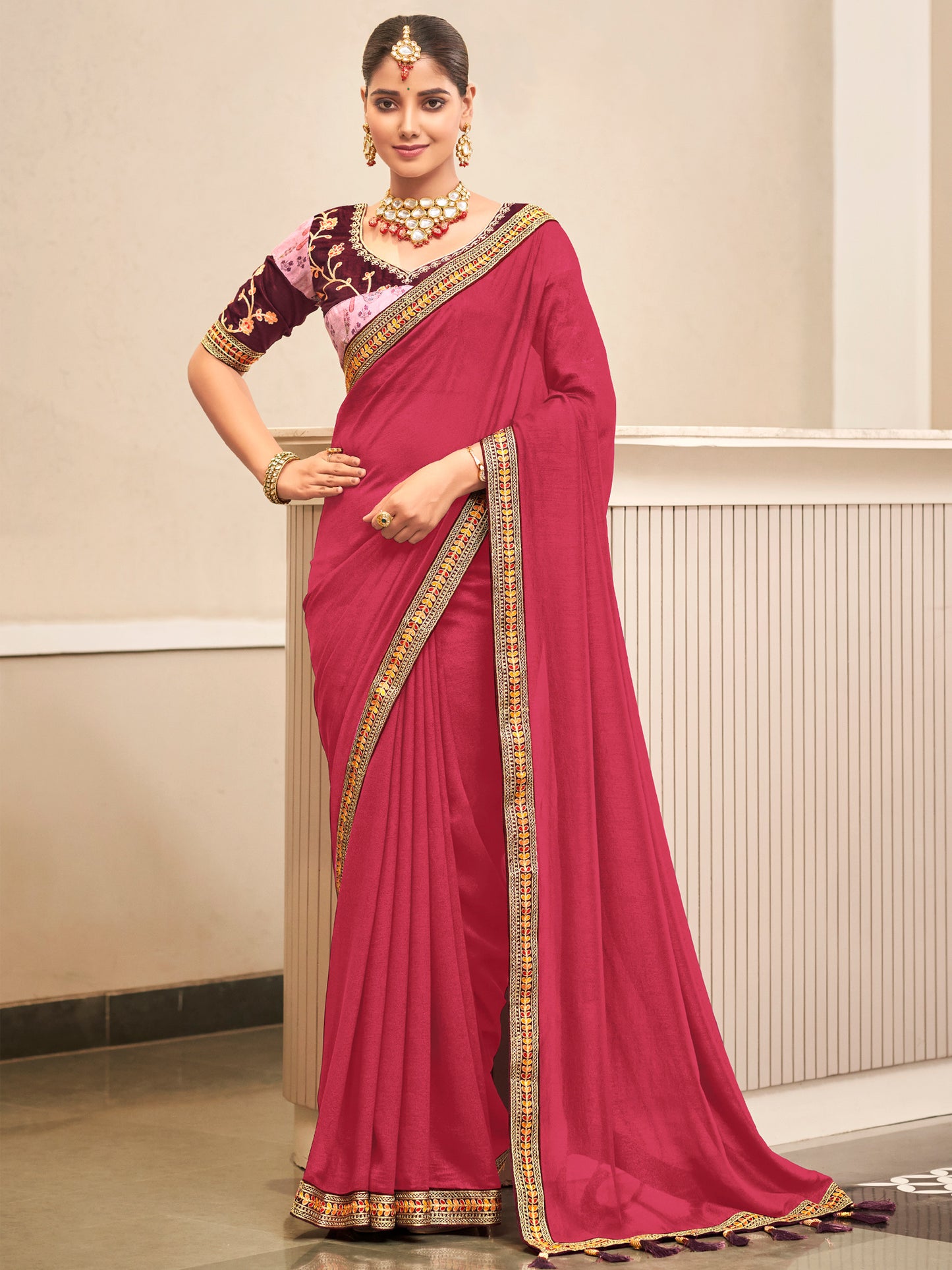 Women's Vichitra Silk Pink Embellished Designer Saree With Blouse Piece