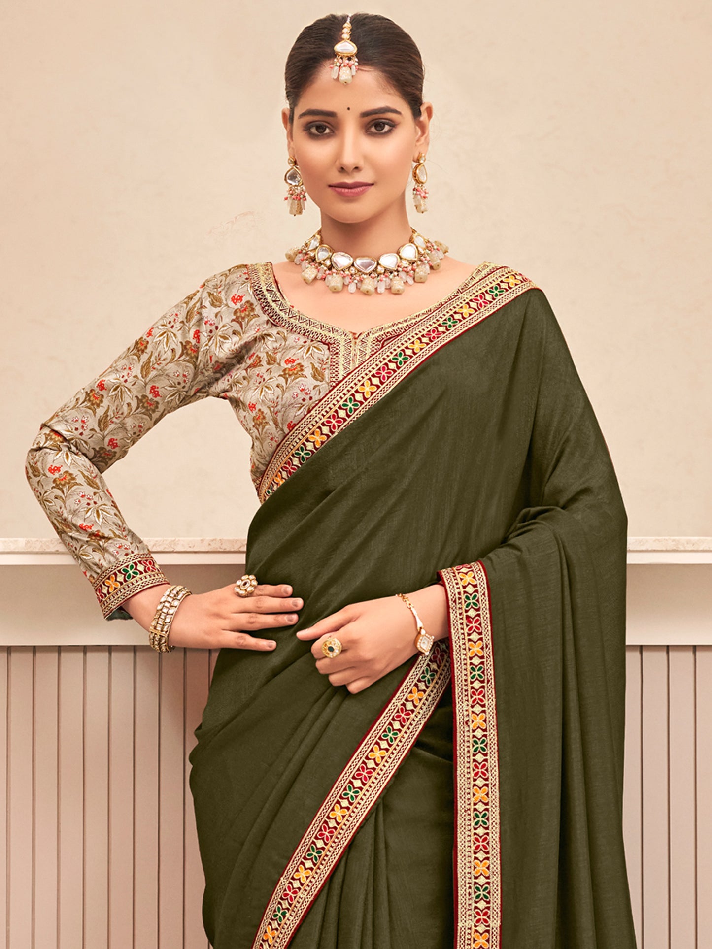 Women's Vichitra Silk Olive Embellished Designer Saree With Blouse Piece