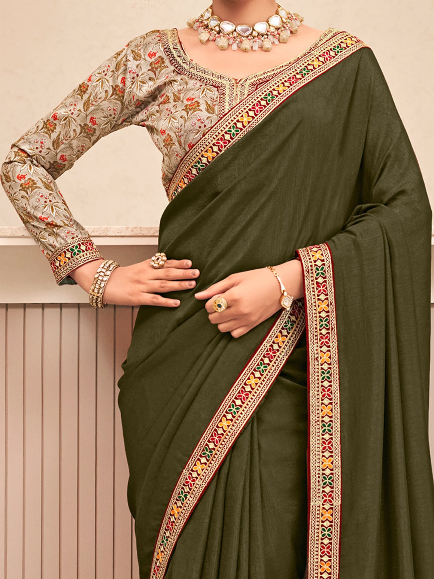 Women's Vichitra Silk Olive Embellished Designer Saree With Blouse Piece