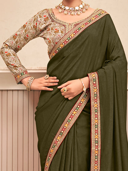 Women's Vichitra Silk Olive Embellished Designer Saree With Blouse Piece