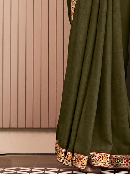 Women's Vichitra Silk Olive Embellished Designer Saree With Blouse Piece