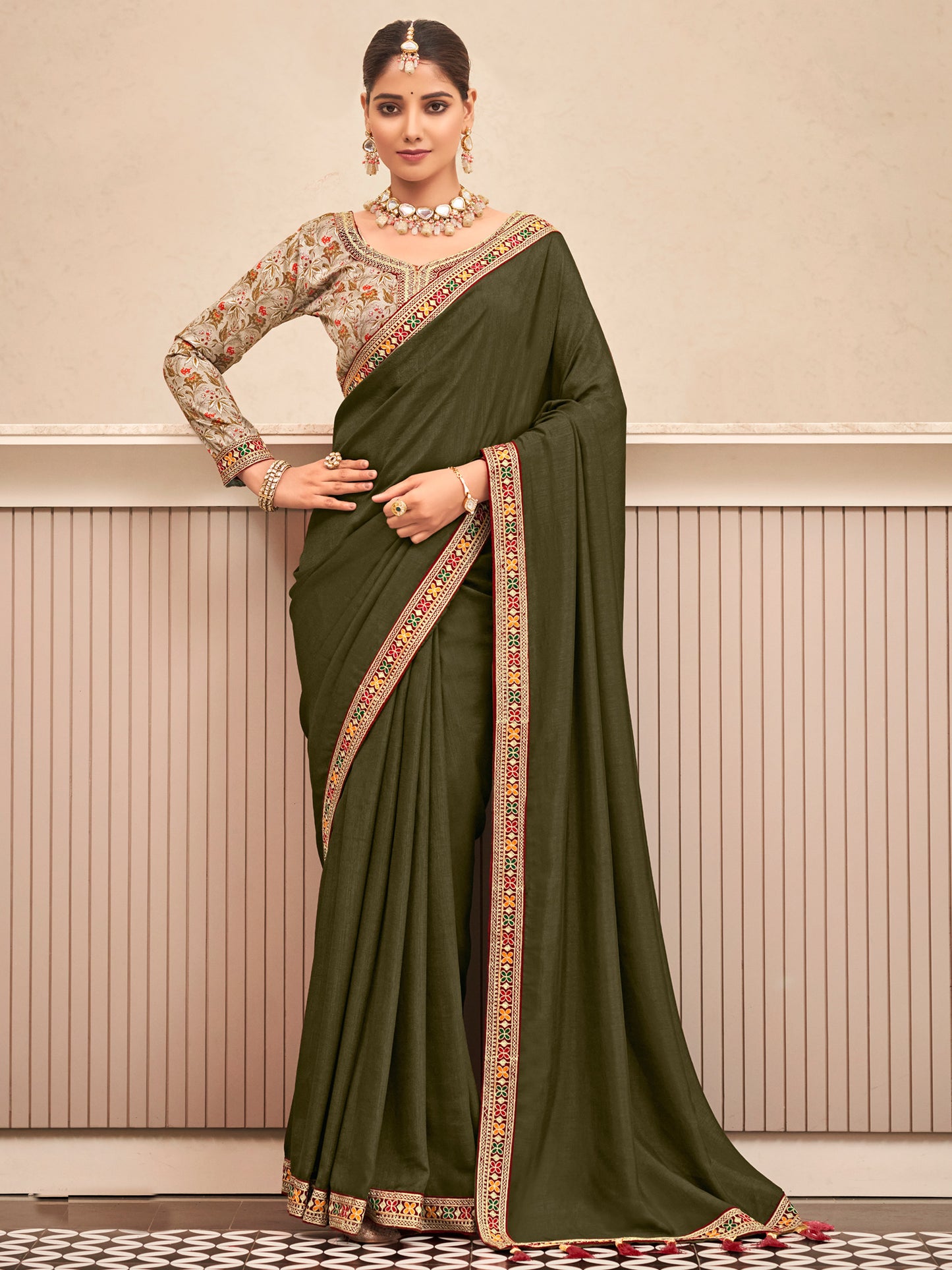 Women's Vichitra Silk Olive Embellished Designer Saree With Blouse Piece