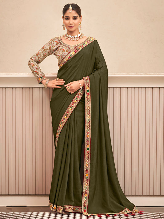 Women's Vichitra Silk Olive Embellished Designer Saree With Blouse Piece