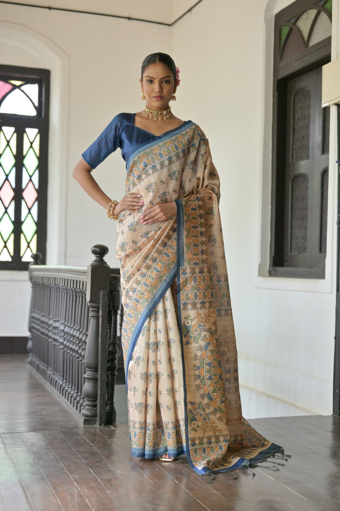 Dhiyona GR Women's Beige & Navy Soft Tussar Silk Madhubani Printed Saree