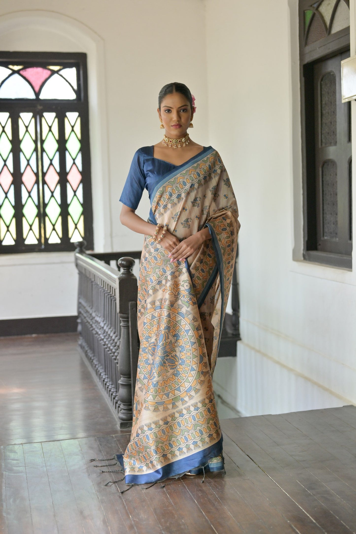 Dhiyona GR Women's Beige & Navy Soft Tussar Silk Madhubani Printed Saree