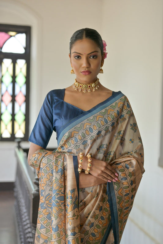 Dhiyona GR Women's Beige & Navy Soft Tussar Silk Madhubani Printed Saree