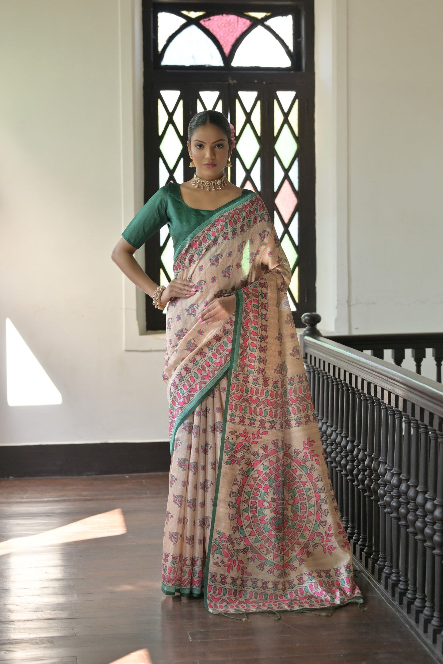 Dhiyona GR Women's Beige & Green Soft Tussar Silk Madhubani Printed Saree