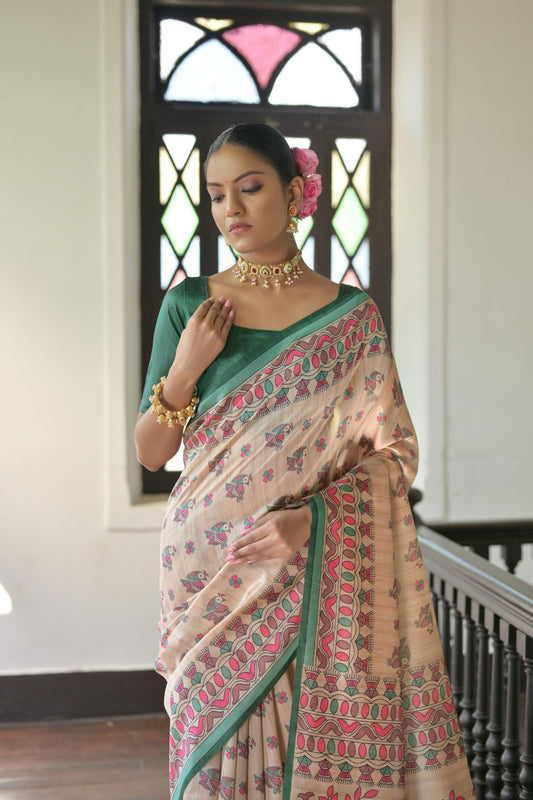 Dhiyona GR Women's Beige & Green Soft Tussar Silk Madhubani Printed Saree