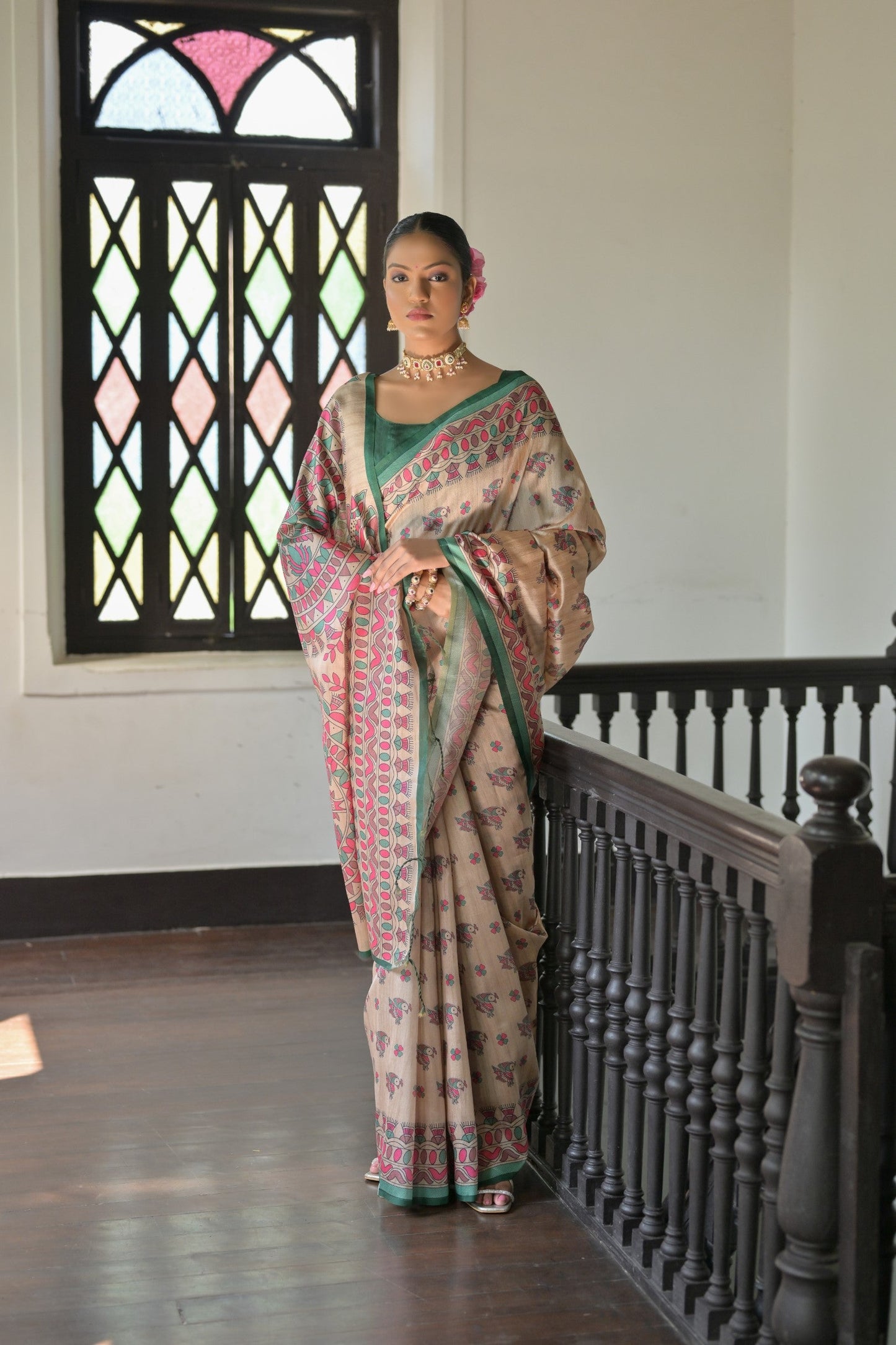 Dhiyona GR Women's Beige & Green Soft Tussar Silk Madhubani Printed Saree