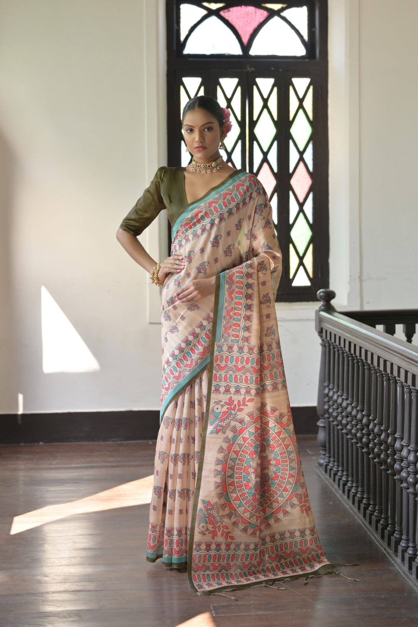 Dhiyona GR Women's Beige & Olive Green Soft Tussar Silk Madhubani Printed Saree