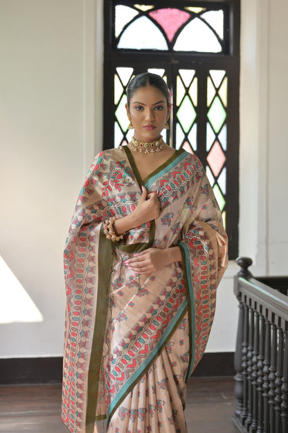 Dhiyona GR Women's Beige & Olive Green Soft Tussar Silk Madhubani Printed Saree