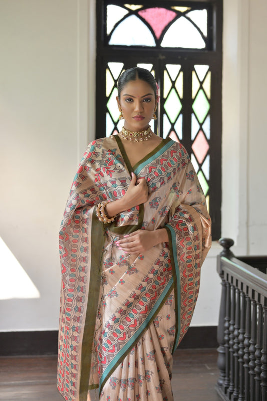 Dhiyona GR Women's Beige & Olive Green Soft Tussar Silk Madhubani Printed Saree