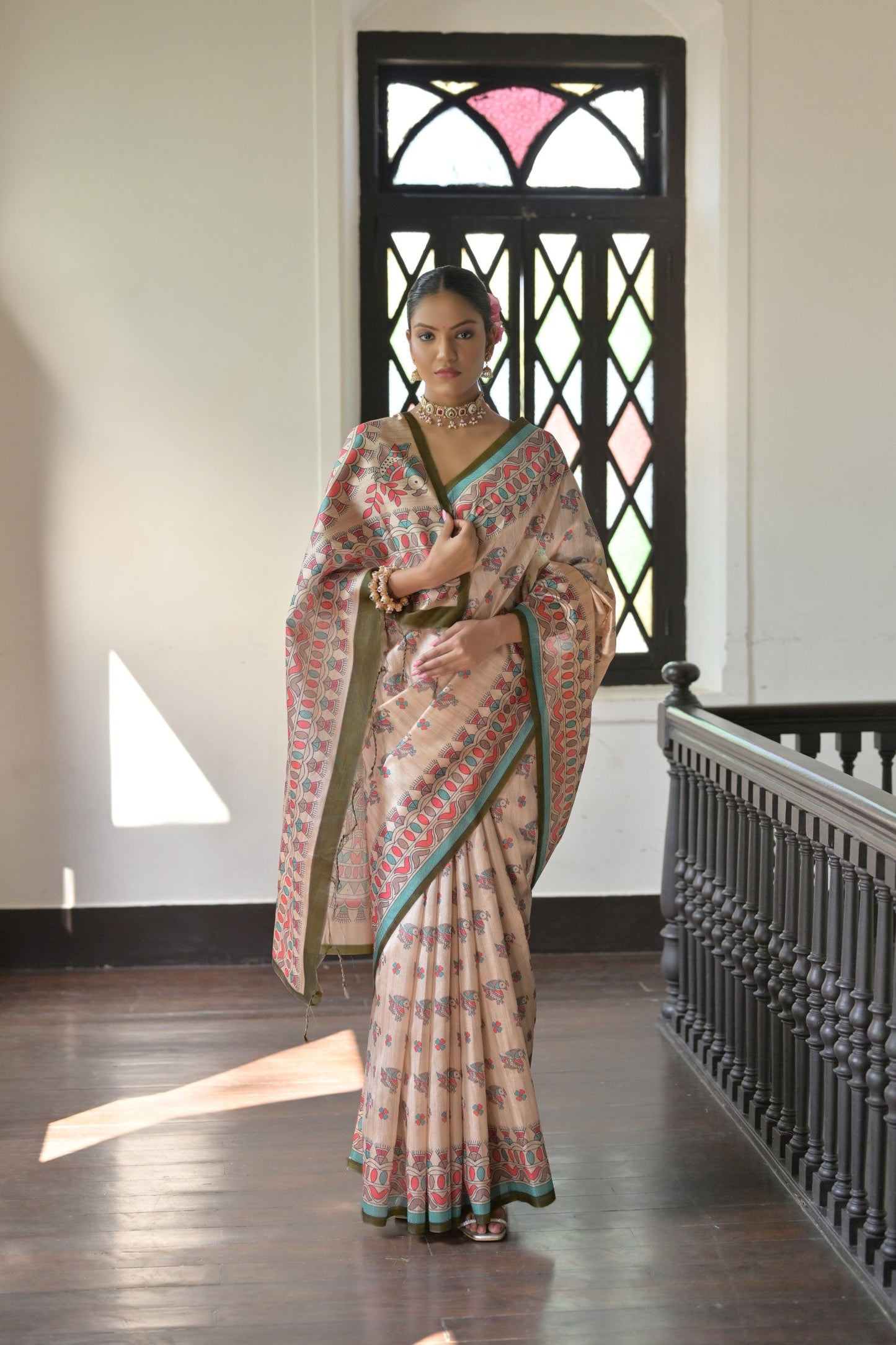 Dhiyona GR Women's Beige & Olive Green Soft Tussar Silk Madhubani Printed Saree