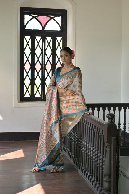 Dhiyona GR Women's Beige & Cyan Blue Soft Tussar Silk Madhubani Printed Saree