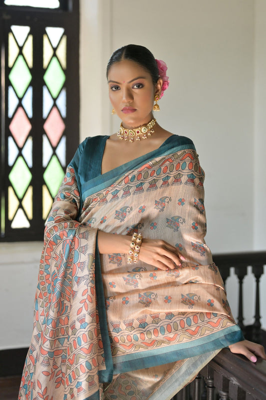 Dhiyona GR Women's Beige & Cyan Blue Soft Tussar Silk Madhubani Printed Saree