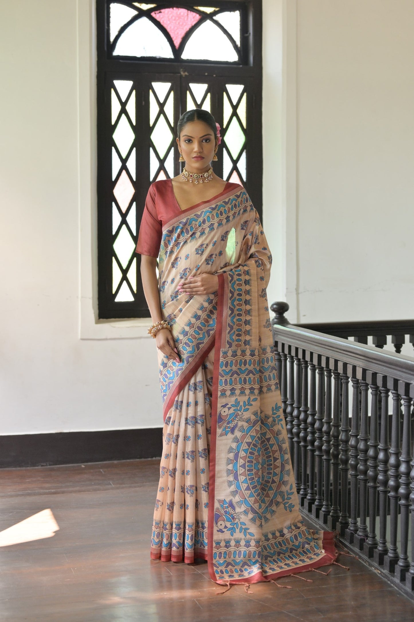 Dhiyona GR Women's Beige & Red Soft Tussar Silk Madhubani Printed Saree