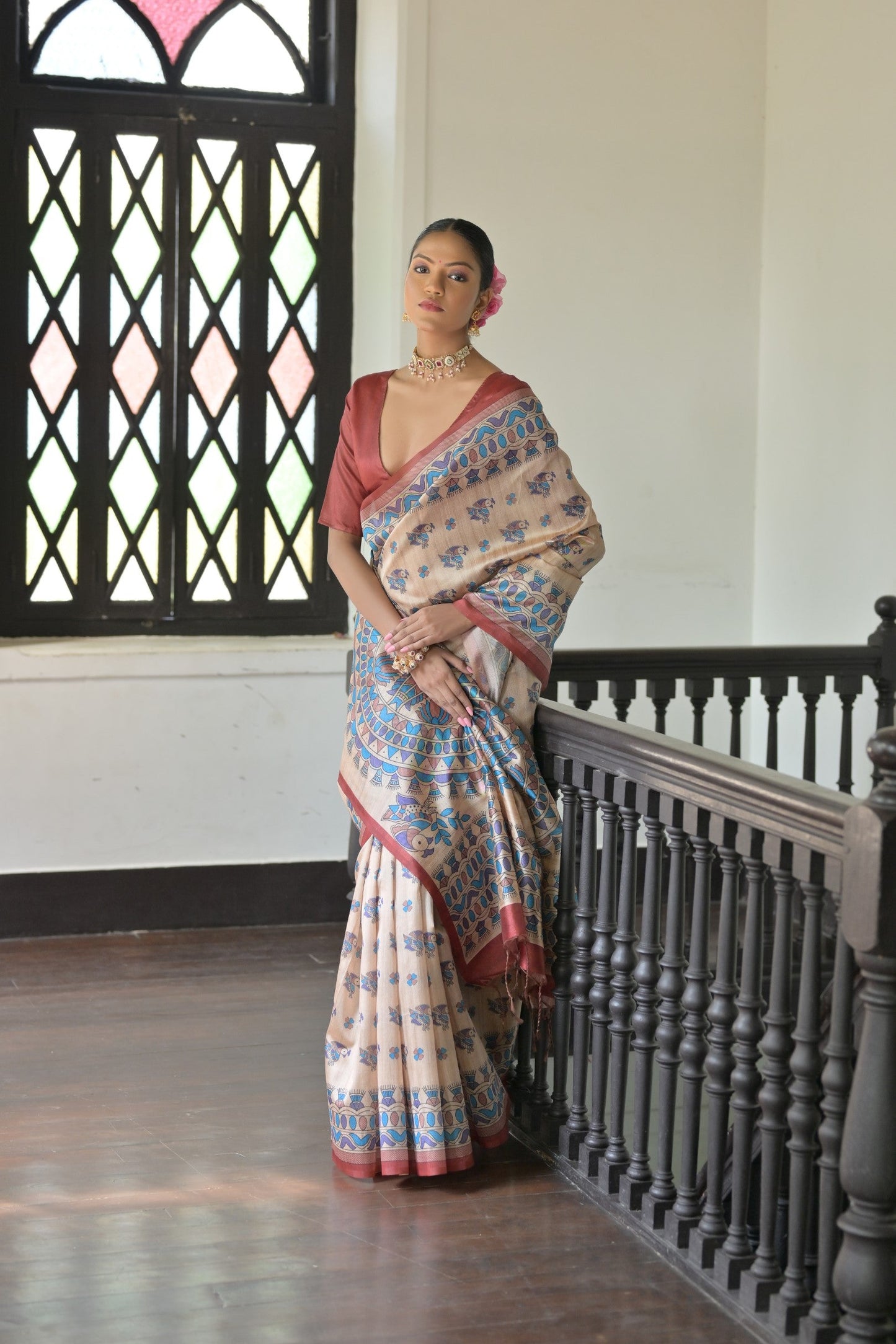 Dhiyona GR Women's Beige & Red Soft Tussar Silk Madhubani Printed Saree