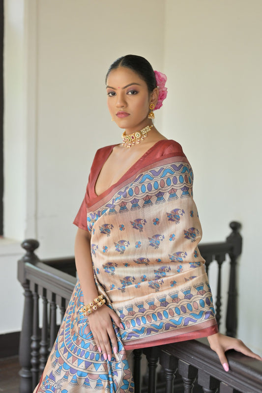 Dhiyona GR Women's Beige & Red Soft Tussar Silk Madhubani Printed Saree