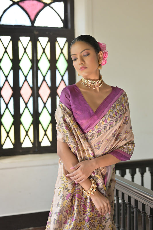 Dhiyona GR Women's Beige & Wine Soft Tussar Silk Madhubani Printed Saree