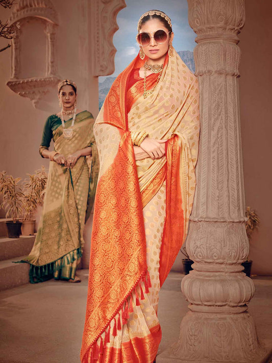 Women's Georgette Cream Woven Design Designer Saree With Blouse Piece