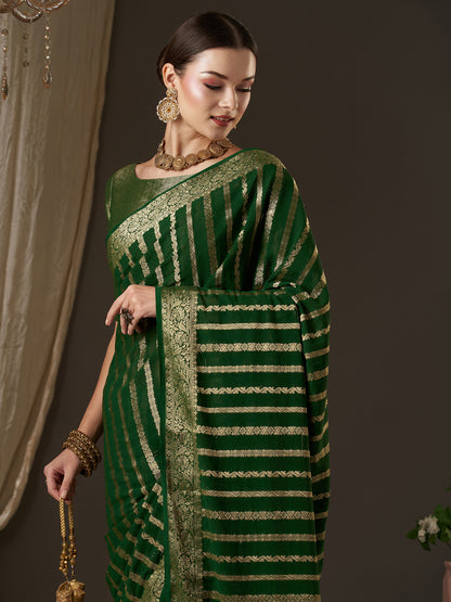 Women's Georgette Green Woven Design Designer Saree With Blouse Piece