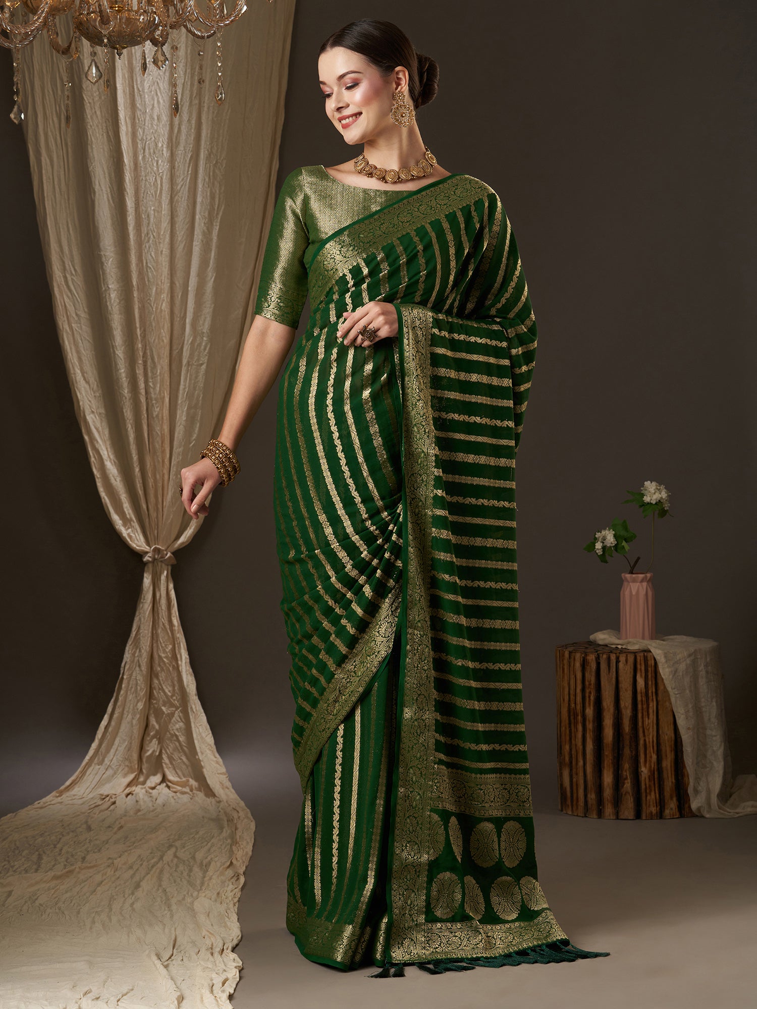 Women's Georgette Green Woven Design Designer Saree With Blouse Piece
