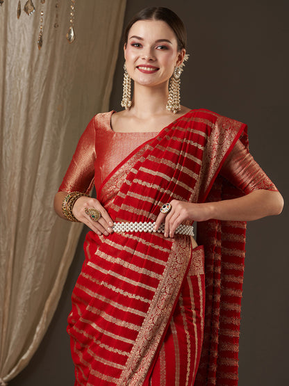 Women's Georgette Red Woven Design Designer Saree With Blouse Piece