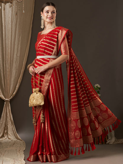 Women's Georgette Red Woven Design Designer Saree With Blouse Piece