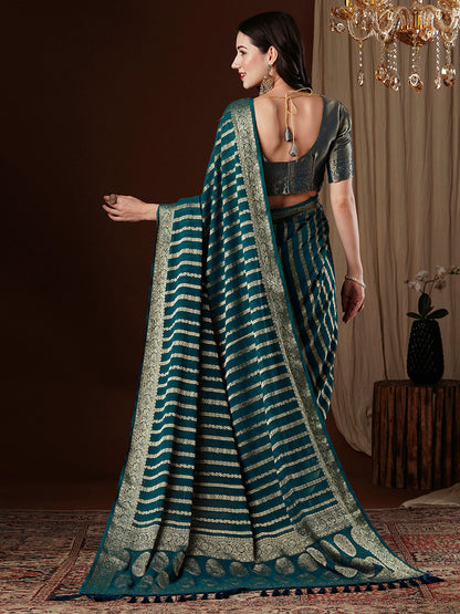 Women's Georgette Teal blue Woven Design Designer Saree With Blouse Piece