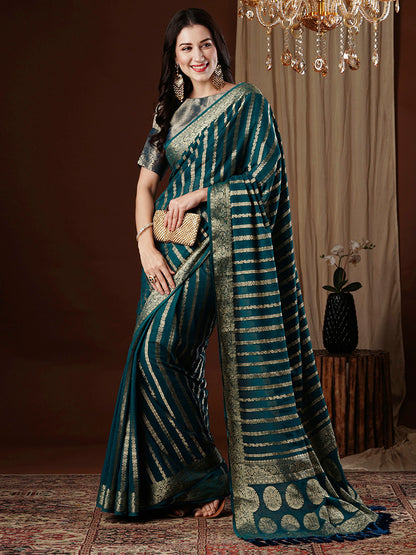 Women's Georgette Teal blue Woven Design Designer Saree With Blouse Piece