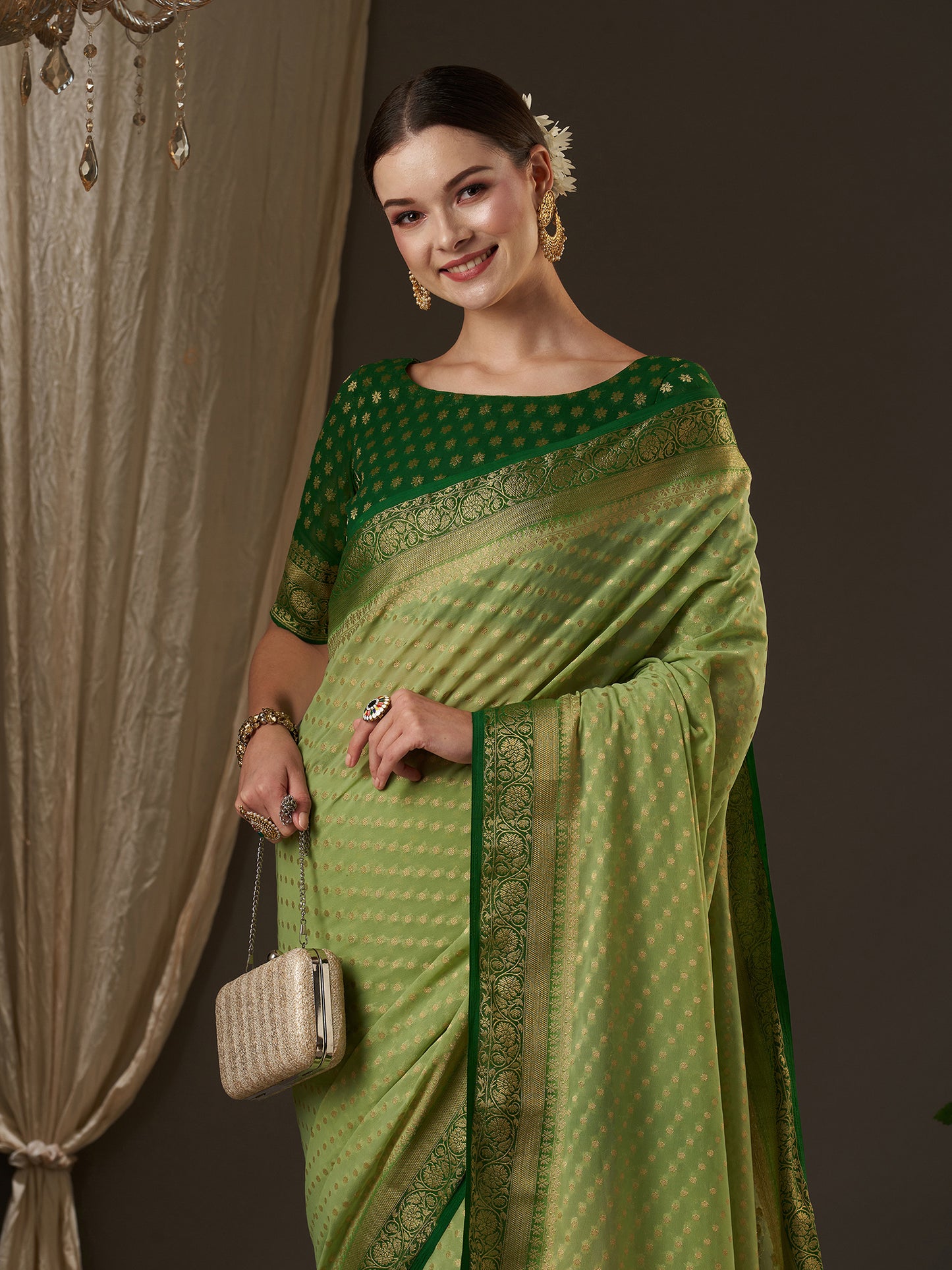 Women's Georgette Light Green Woven Design Designer Saree With Blouse Piece