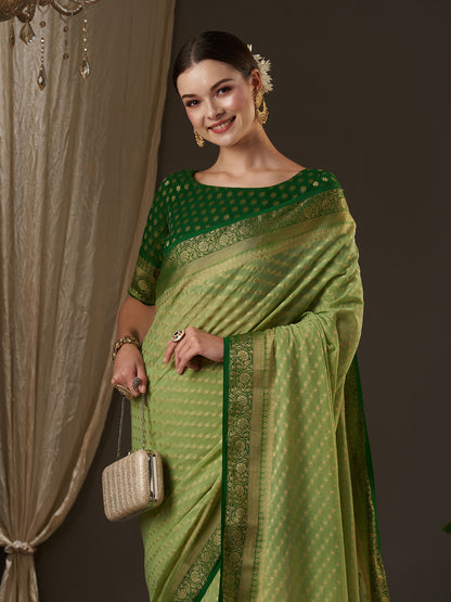 Women's Georgette Light Green Woven Design Designer Saree With Blouse Piece