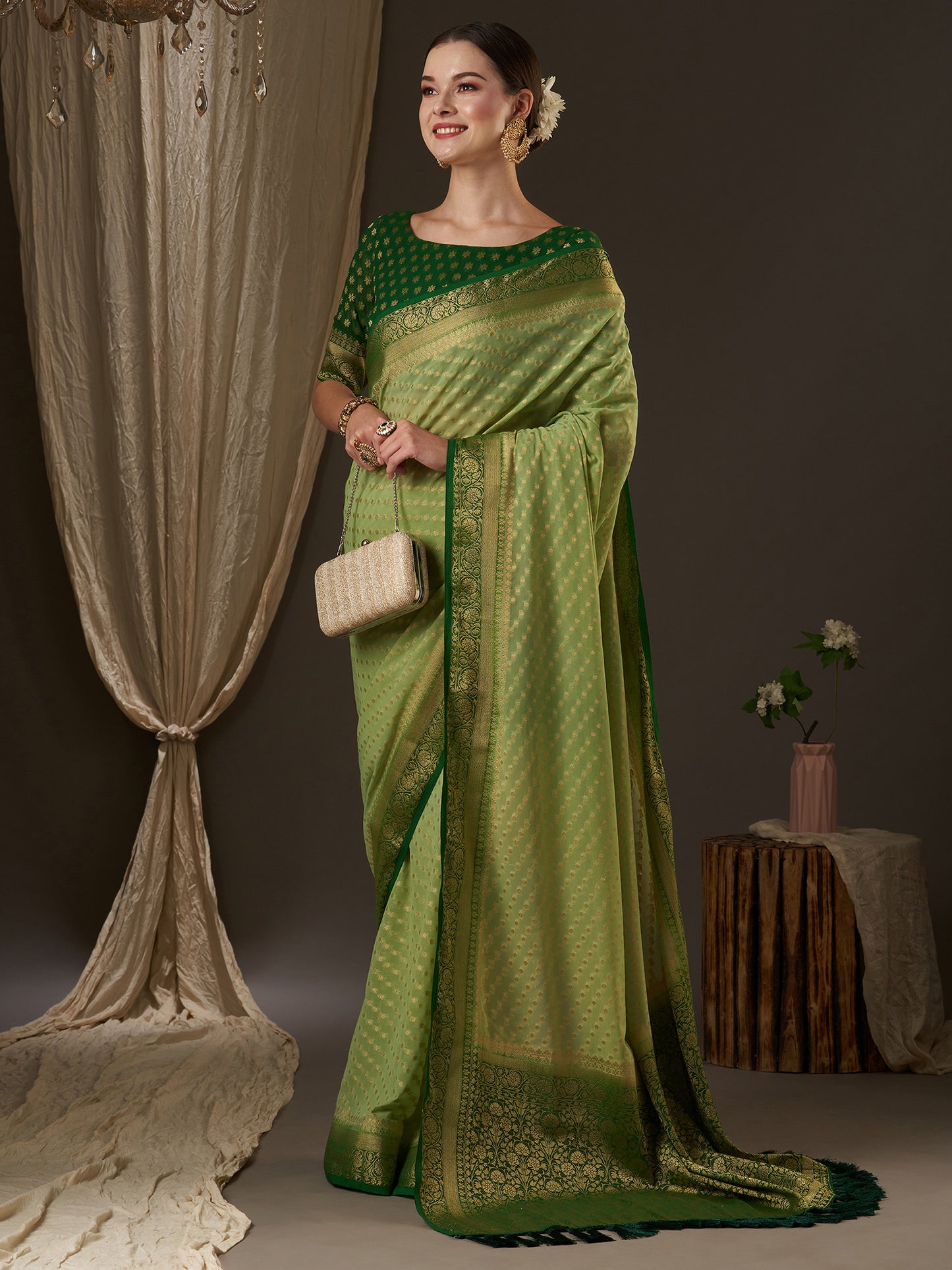Women's Georgette Light Green Woven Design Designer Saree With Blouse Piece