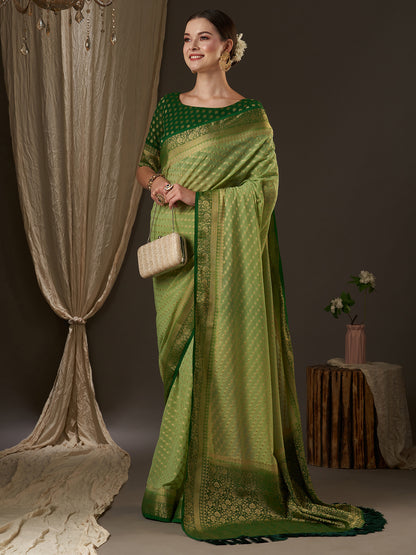 Women's Georgette Light Green Woven Design Designer Saree With Blouse Piece